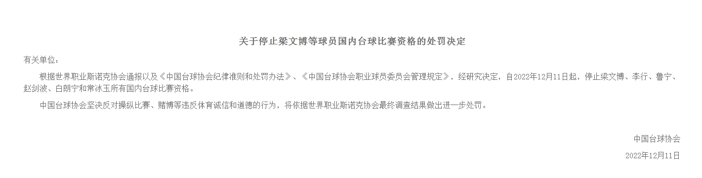 中国斯诺克十名球员涉赌球遭禁赛 职业联赛陷入