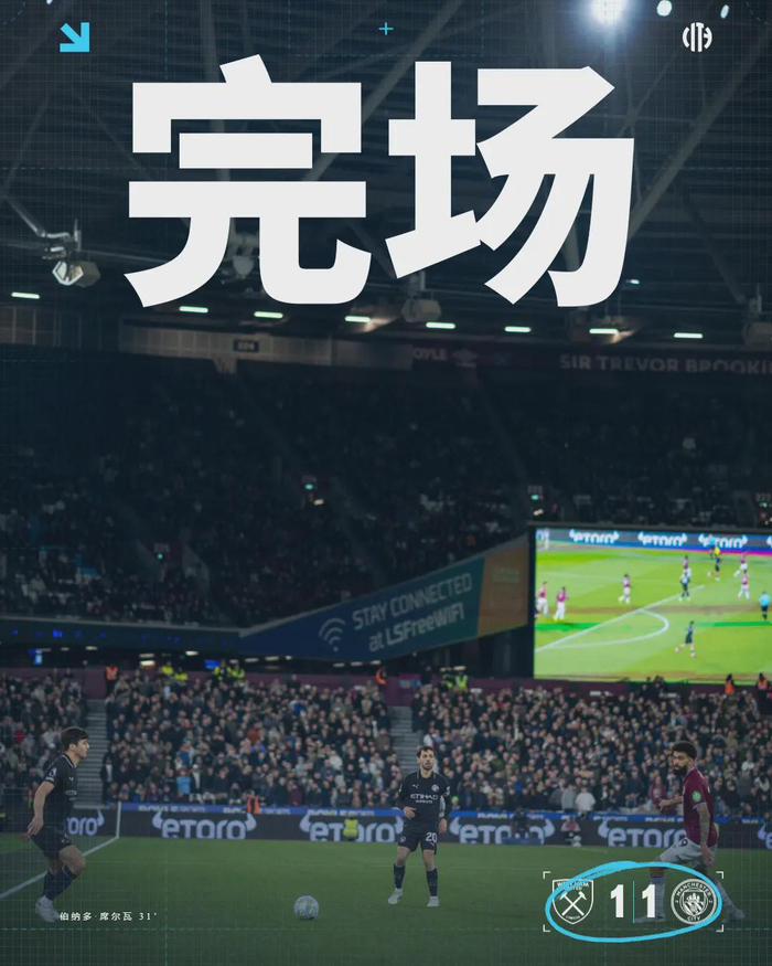 曼城1-1西汉姆联 争冠前景遭遇重创